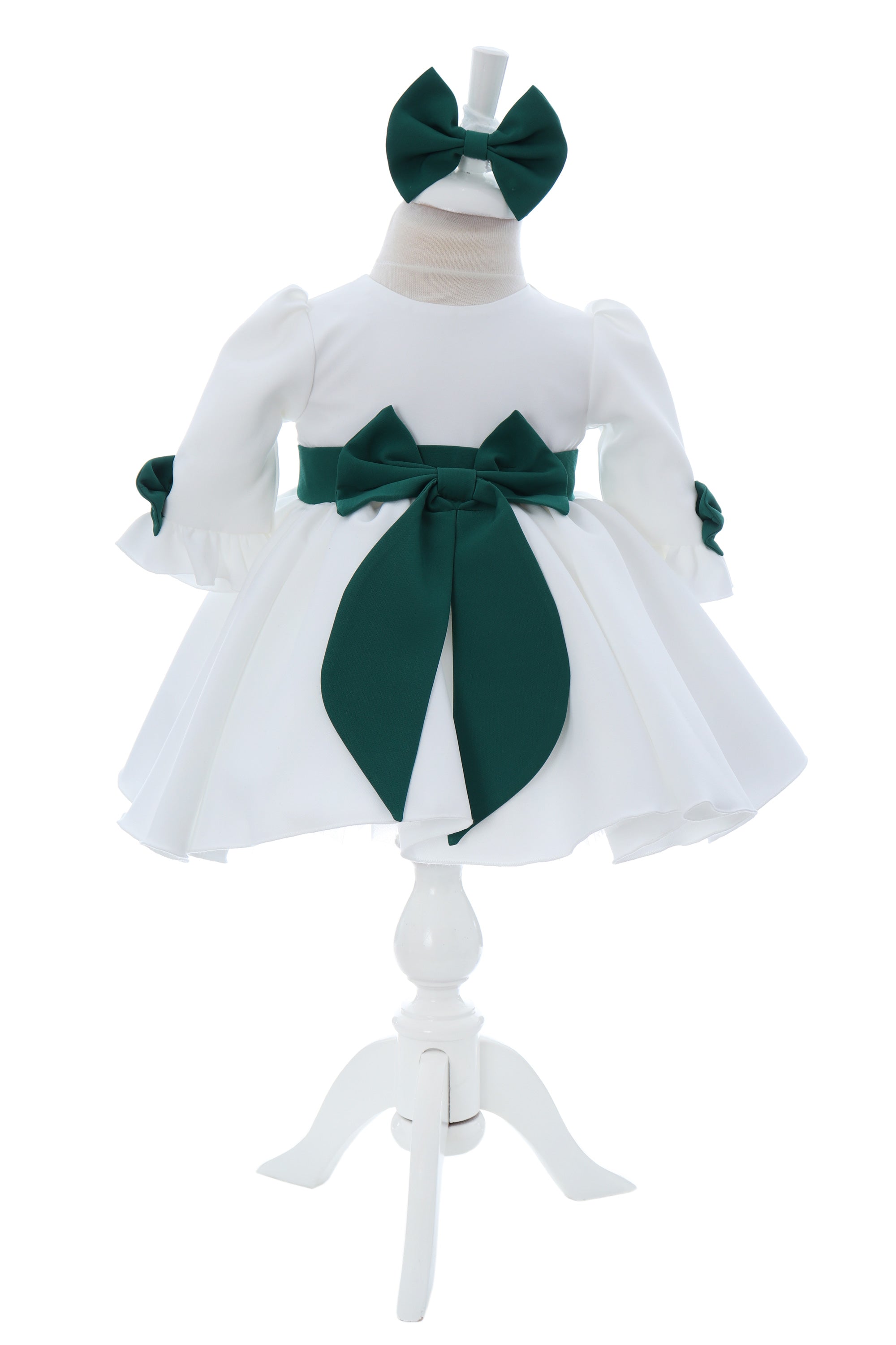 Rochita cu fundita in talie pentru botez, alb-verde, 2 piese, Recostore®, REC3052