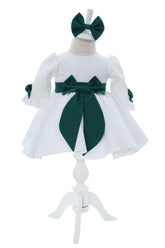 Rochita cu fundita in talie pentru botez, alb-verde, 2 piese, Recostore®, REC3052