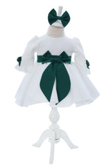 Rochita cu fundita in talie pentru botez, alb-verde, 2 piese, Recostore®, REC3052