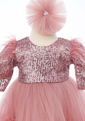 Rochita roz pudrat cu paiete si pene pentru botez de fete, 2 piese, Recostore®, REC2526