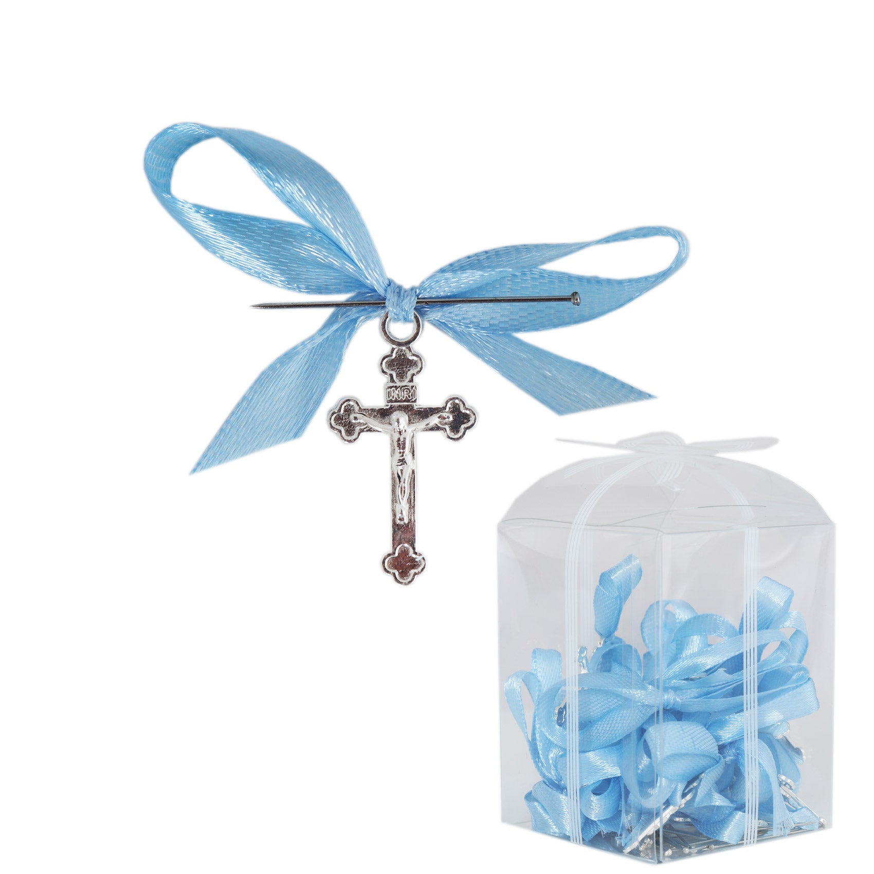 Set 20 marturii, cruciulite biserica din metal cu bolduri si cutiuta, funda bleu, REC1968/50