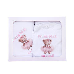 Set pentru prima baita cu nasii, halat, prosop si body, Model cu Ursulet, REC3105
