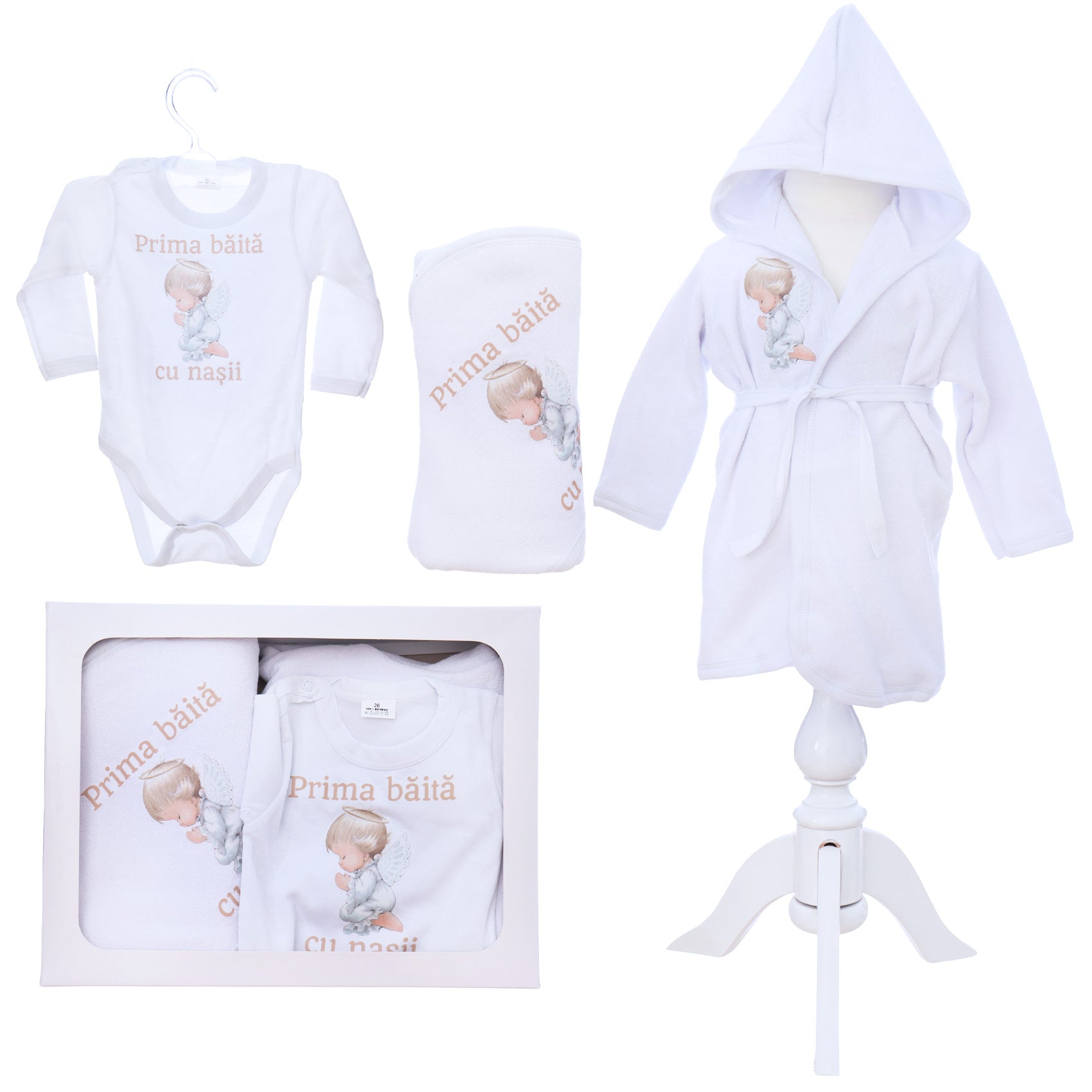 Set pentru prima baita cu nasii, halat, prosop si body, Model cu Ingeras, REC3106