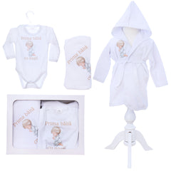 Set pentru prima baita cu nasii, halat, prosop si body, Model cu Ingeras, REC3106