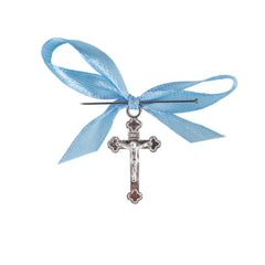 Set 20 marturii, cruciulite biserica din metal cu bolduri si cutiuta, funda bleu, REC1968/50