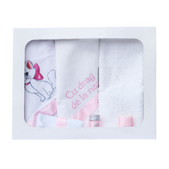 Trusou complet pentru botez de fete personalizat cu Pisicuta Marie, trusou,  lumanare, rochita cu bentita si pantofiori, roz, 10 piese,  Recostore®, REC2695