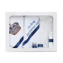 Trusou pentru botez de baieti, Model imprimat cu Coroana, bleumarin, 6 piese, Recostore®, REC2511
