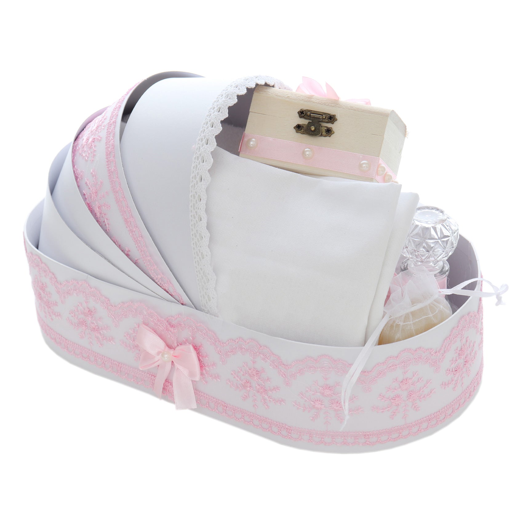 Trusou simplu tip landou pentru botez de fete, roz, 8 piese, Recostore®, REC5005/28