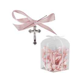 Set 20 marturii, cruciulite biserica din metal cu bolduri si cutiuta, funda roz pudrat, REC1968/51