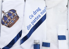 Trusou pentru botez de baieti, Model imprimat cu Coroana, bleumarin, 6 piese, Recostore®, REC2511