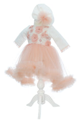 Rochita pentru botez, culoare somon, 2 piese, rochie si turban, REC3347