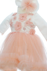 Rochita pentru botez, culoare somon, 2 piese, rochie si turban, REC3347