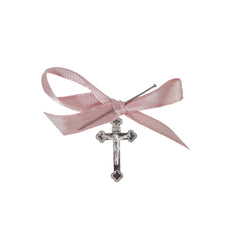 Set 20 marturii, cruciulite biserica din metal cu bolduri si cutiuta, funda roz pudrat, REC1968/51