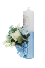 Lumanare botez baieti, model Bebelus cu flori artificiale, 30x7 cm, roz, Recostore®, REC5002/30