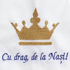 Trusou tip landou pentru botez de baieti, Model brodat cu Coroana, bleumarin, 8 piese, REC5005/5