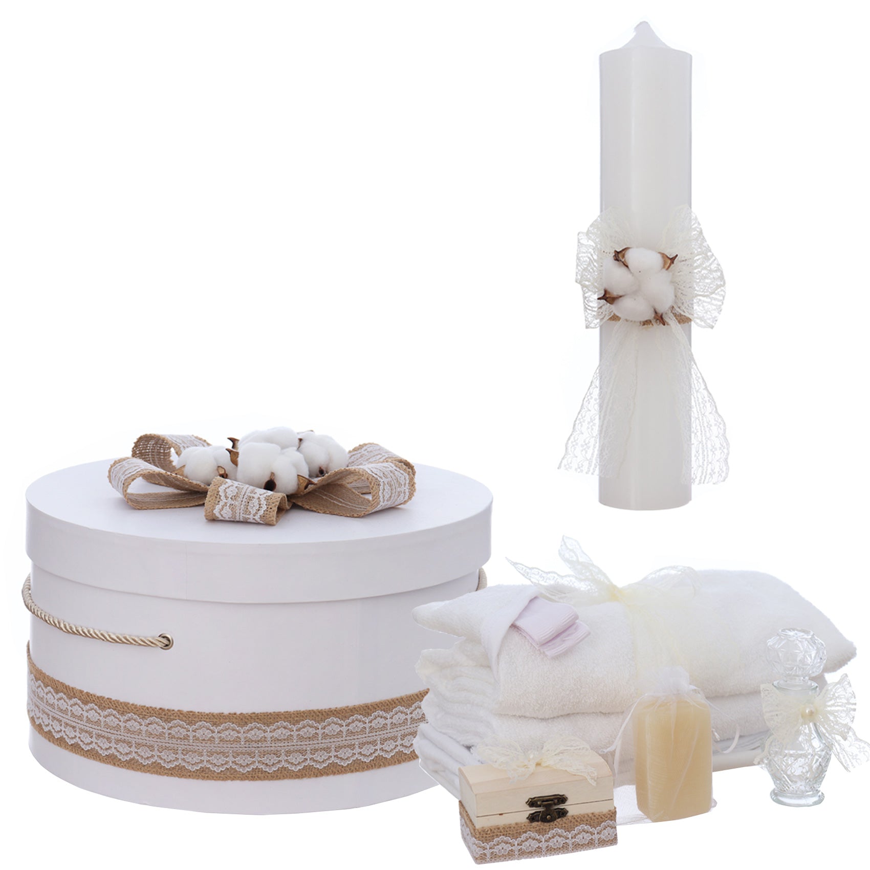 Trusou si lumanare pentru botez, model floare de bumbac, 10 piese, alb, Recostore®, REC3116