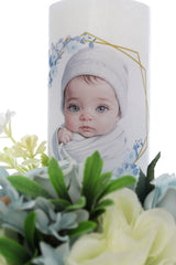 Lumanare botez baieti, model Bebelus cu flori artificiale, 30x7 cm, roz, Recostore®, REC5002/30