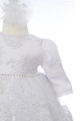 Set bumbac botez fete, model Flori de Bumbac, Trusou, Rochie cu trena si Lumanare, REC3249