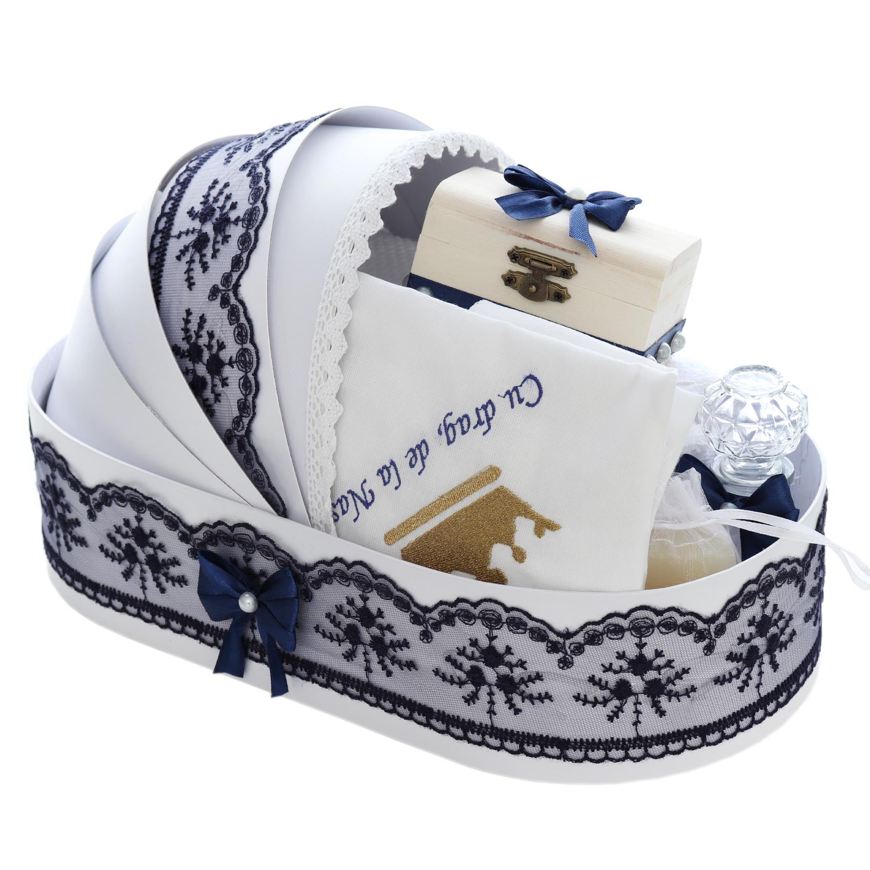 Trusou tip landou pentru botez de baieti, Model brodat cu Coroana, bleumarin, 8 piese, REC5005/5