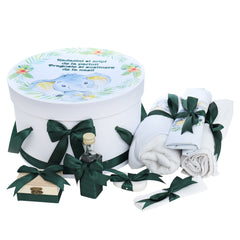 Trusou pentru botez de baieti, Model Elefant, Verde, 8 piese, Recostore®, REC2512