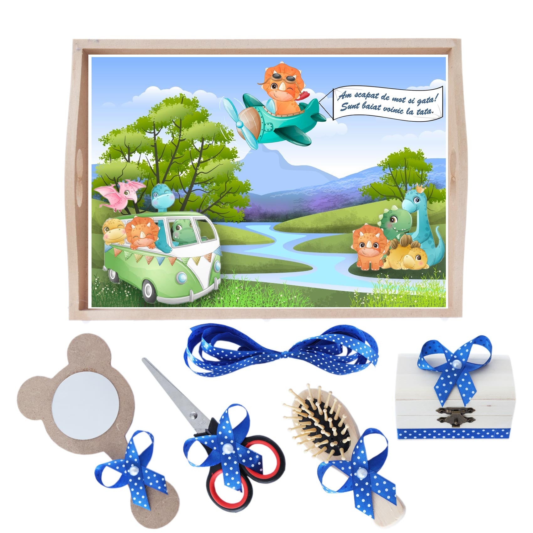 Set tava pentru taiere mot la baieti, model Dinozaur, albastru electric, 6 piese, 35x20 cm, Recostore®, REC1967/204