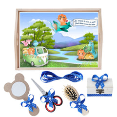 Set tava pentru taiere mot la baieti, model Dinozaur, albastru electric, 6 piese, 35x20 cm, Recostore®, REC1967/204