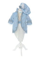 Trusou complet pentru botez de baieti, trusou brodat cu coroana, lumanare cu tulle, costum print si pantofiori, bleu, 15 piese, Recostore®, REC2664