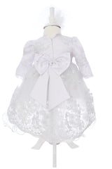 Rochita cu trena accesorizata, pantofiori si bentita de culoare alb pentru botez de fetite, 3 piese, Recostore®, REC3065