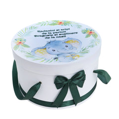 Trusou pentru botez de baieti, Model Elefant, Verde, 8 piese, Recostore®, REC2512