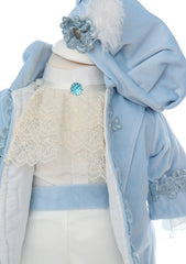 Trusou complet pentru botez de baieti, trusou brodat cu coroana, lumanare cu tulle, costum print si pantofiori, bleu, 15 piese, Recostore®, REC2664