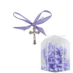 Set 20 marturii, cruciulite biserica din metal cu bolduri si cutiuta, funda lila, REC1968/53