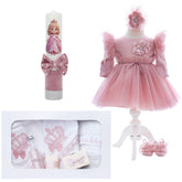 Set trusou complet pentru botez de fete, Mica printesa, 12 piese, rochita roz pudrat, lumanare cu printesa, trusou brodat cu coroana, Recostore®, REC2487