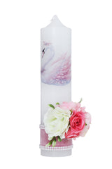 Lumanare botez fete, model cu Lebada si flori artificiale, 30x7 cm, roz pudrat, Recostore®, REC5002/22