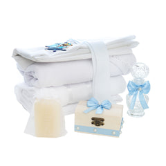 Trusou tip landou pentru botez de baieti, Model brodat cu Ursuletul aviator, bleu, 8 piese, REC5005/1