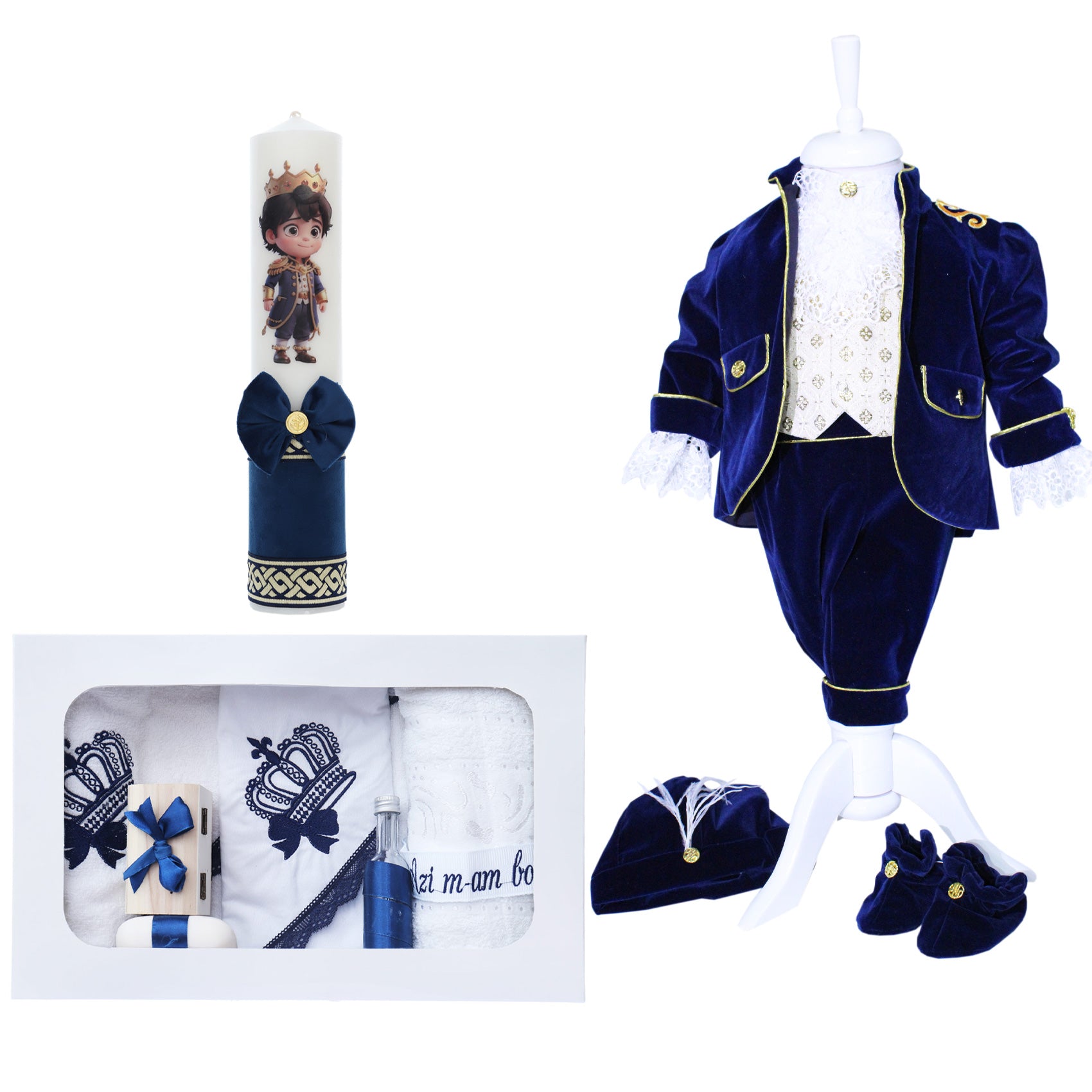 Set trusou complet pentru botez de baieti, Micul Print, 13 piese, costum, lumanare cu print, trusou brodat cu coroana, Recostore®, REC2488