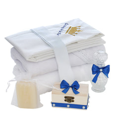 Trusou tip landou pentru botez de baieti, Model brodat cu Coroana, albastru electric, 8 piese, REC5005/6