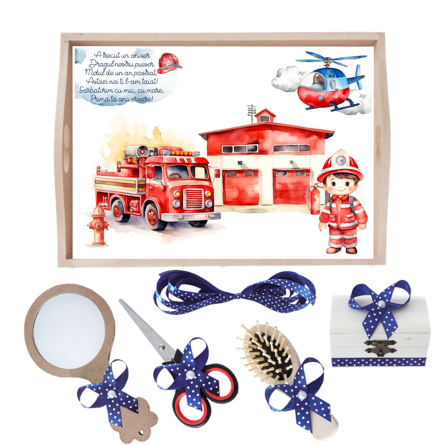 Set tava pentru taiere mot la baieti, model Pompier, bleumarin, 6 piese, 35x20 cm, Recostore®, REC1967/212