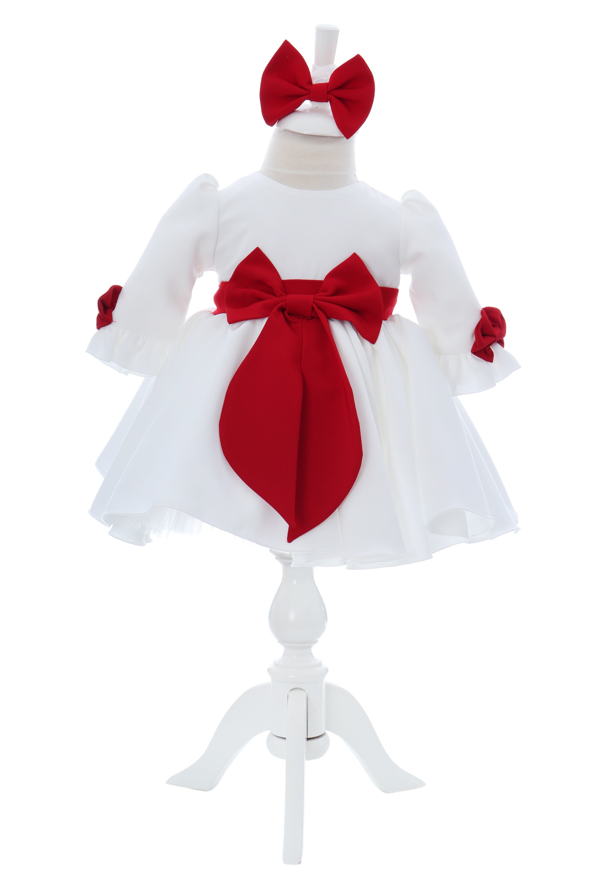 Rochita cu fundita in talie pentru botez, alb-rosu, 2 piese, Recostore®, REC3053