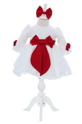 Rochita cu fundita in talie pentru botez, alb-rosu, 2 piese, Recostore®, REC3053