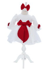 Rochita cu fundita in talie pentru botez, alb-rosu, 2 piese, Recostore®, REC3053