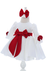 Rochita cu fundita in talie pentru botez, alb-rosu, 2 piese, REC3053