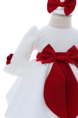 Rochita cu fundita in talie pentru botez, alb-rosu, 2 piese, REC3053