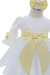 Rochita cu fundita in talie pentru botez, alb-galben, 2 piese, REC3054