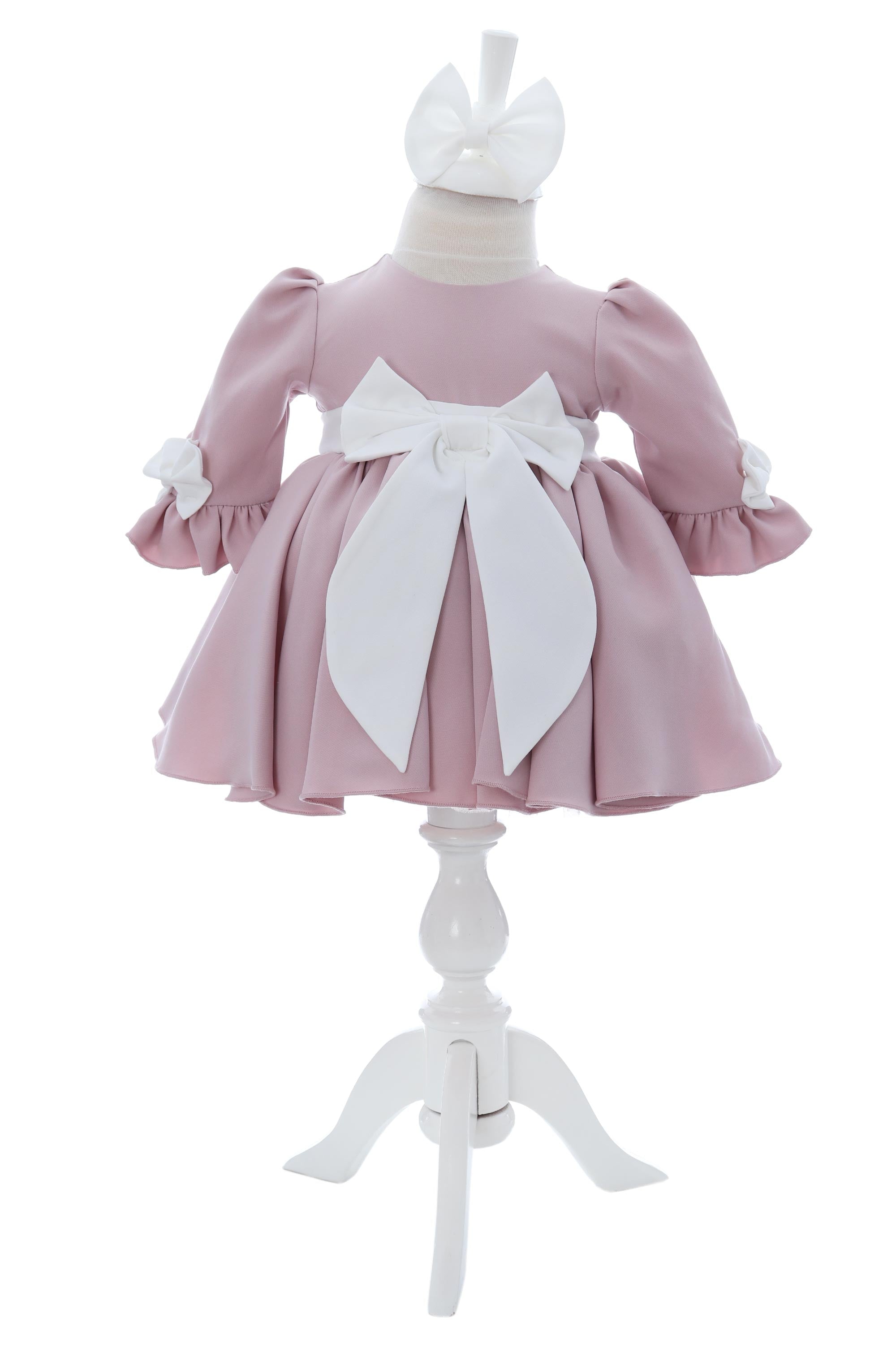 Rochita cu fundita in talie pentru botez, roz pudrat, 2 piese, REC3056