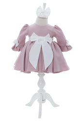 Rochita cu fundita in talie pentru botez, roz pudrat, 2 piese, REC3056