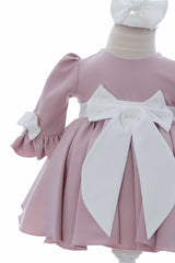 Rochita cu fundita in talie pentru botez, roz pudrat, 2 piese, REC3056