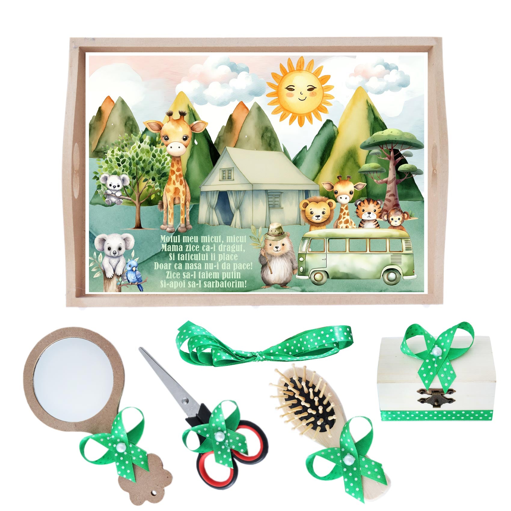 Set tava pentru taiere mot la baieti, model Safari, Verde, 6 piese, 35x20 cm, Recostore®, REC1967/217