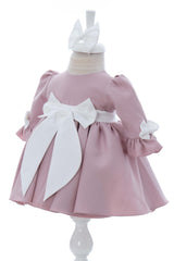 Rochita cu fundita in talie pentru botez, roz pudrat, 2 piese, REC3056