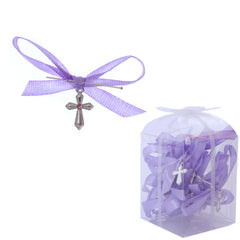 Set 20 marturii, cruciulite biserica din metal cu bolduri si cutiuta, funda lila, REC1968/56