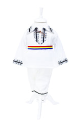 Costum popular pentru baieti, alb-negru cu motive traditionale, 4-5 piese, camasa, brau, vesta, pantaloni, botosi, REC25